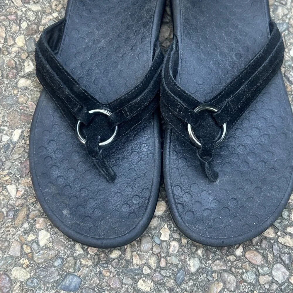 Vionic Black Suede Leather Tide Aloe Toe Post Ortho Heel Thong Sandals Size 7 - Picture 6 of 11